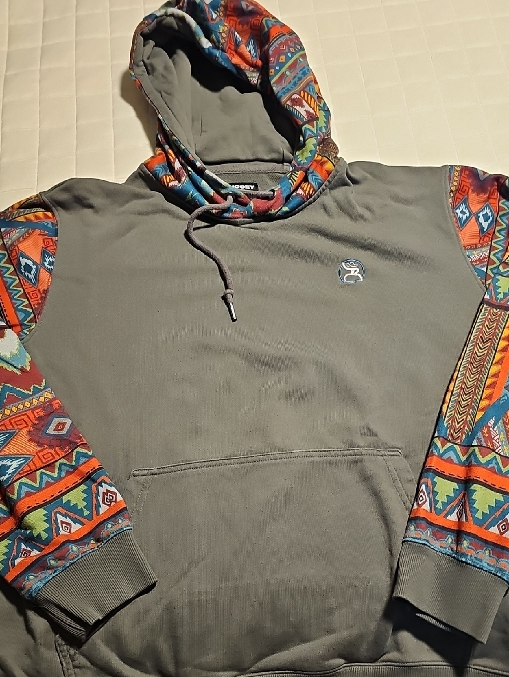 Hooey Gray Hooded Pullover with Colorful Aztec Sleeves